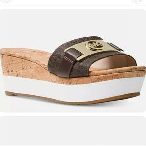 New Michael Kors Warren Platform Open Toe MK Logo Brown Cork Monogram Sandals